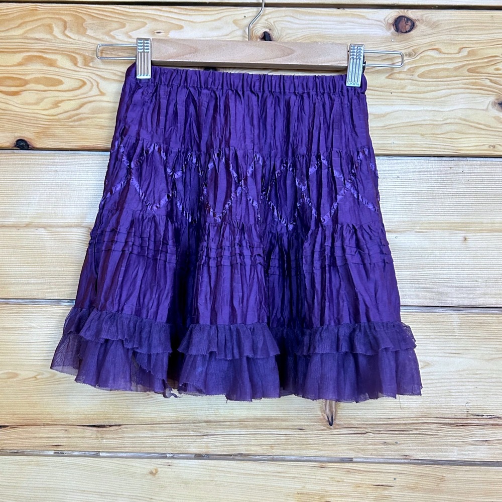 Girls Purple Tiered Ruffle Skirt Elastic Waist Ribbon Detail Crinkle Mesh Hem